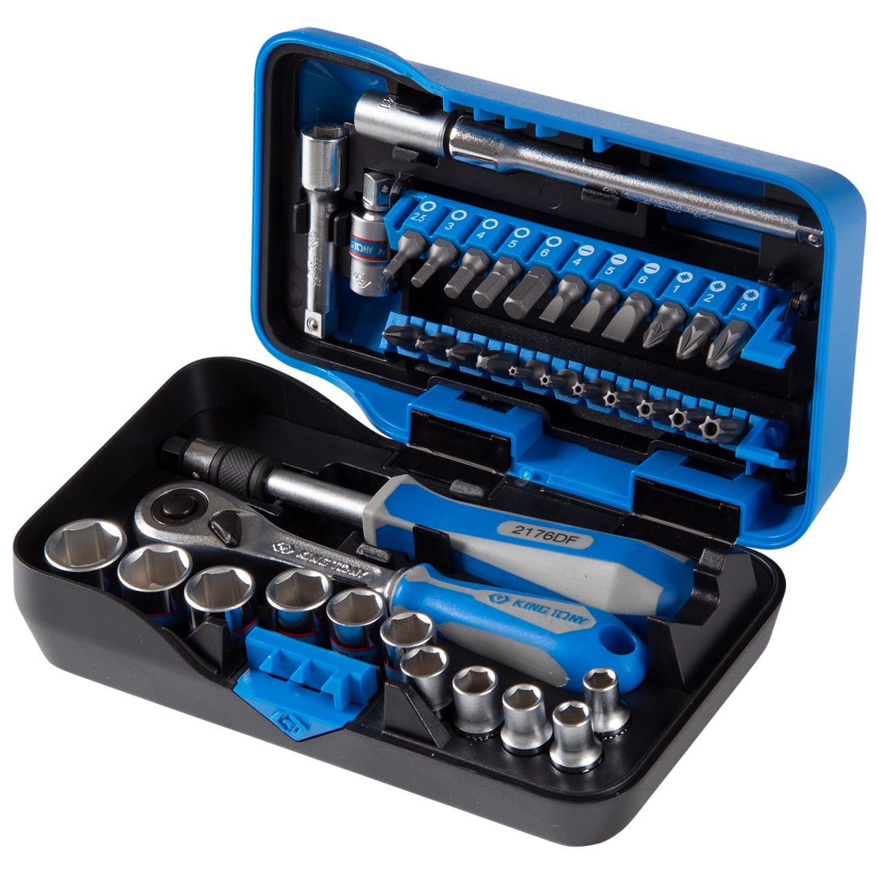 Набор торцевых головок с принадлежностями серии "АТОМ", 1/4", шестигранные, 5-14 мм, 39 предметов KING TONY 2539MR-AM