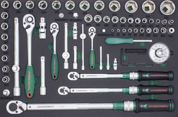 T27166SV Набор ключей динамометрических 1/4"DR 2-10 Нм, 3/8"DR 10-60 Нм , 1/2"DR 40-200 Hм и головок торцевых с аксессуарами в EVA ложементе, 66 предметов, код товара: 46903, артикул: T27166SV