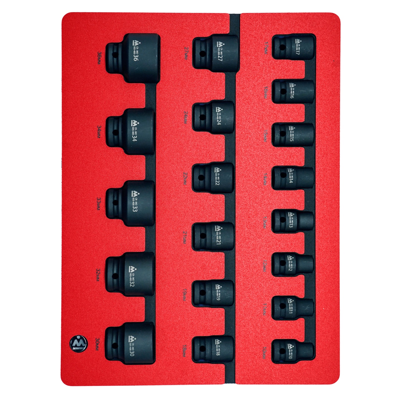 Набор ударных торцевых головок 1/2", шестигранные, 10-36 мм, ложемент, 19 предметов МАСТАК 5-054019