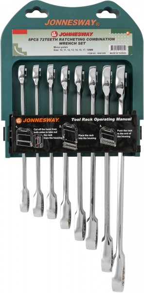 W45108S Набор ключей гаечных комбинированных трещоточных на пластиковом держателе, 10-19 мм, 8 предметов, код товара: 47988, артикул: W45108S