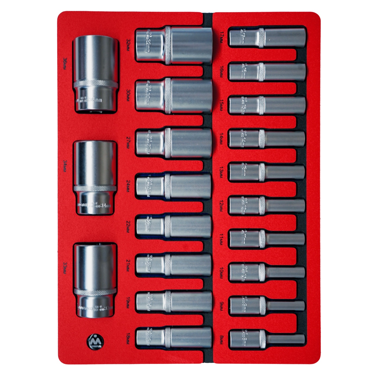 Набор глубоких торцевых головок 1/2", шестигранные, 8-36 мм, ложемент, 21 предмет МАСТАК 5-014021