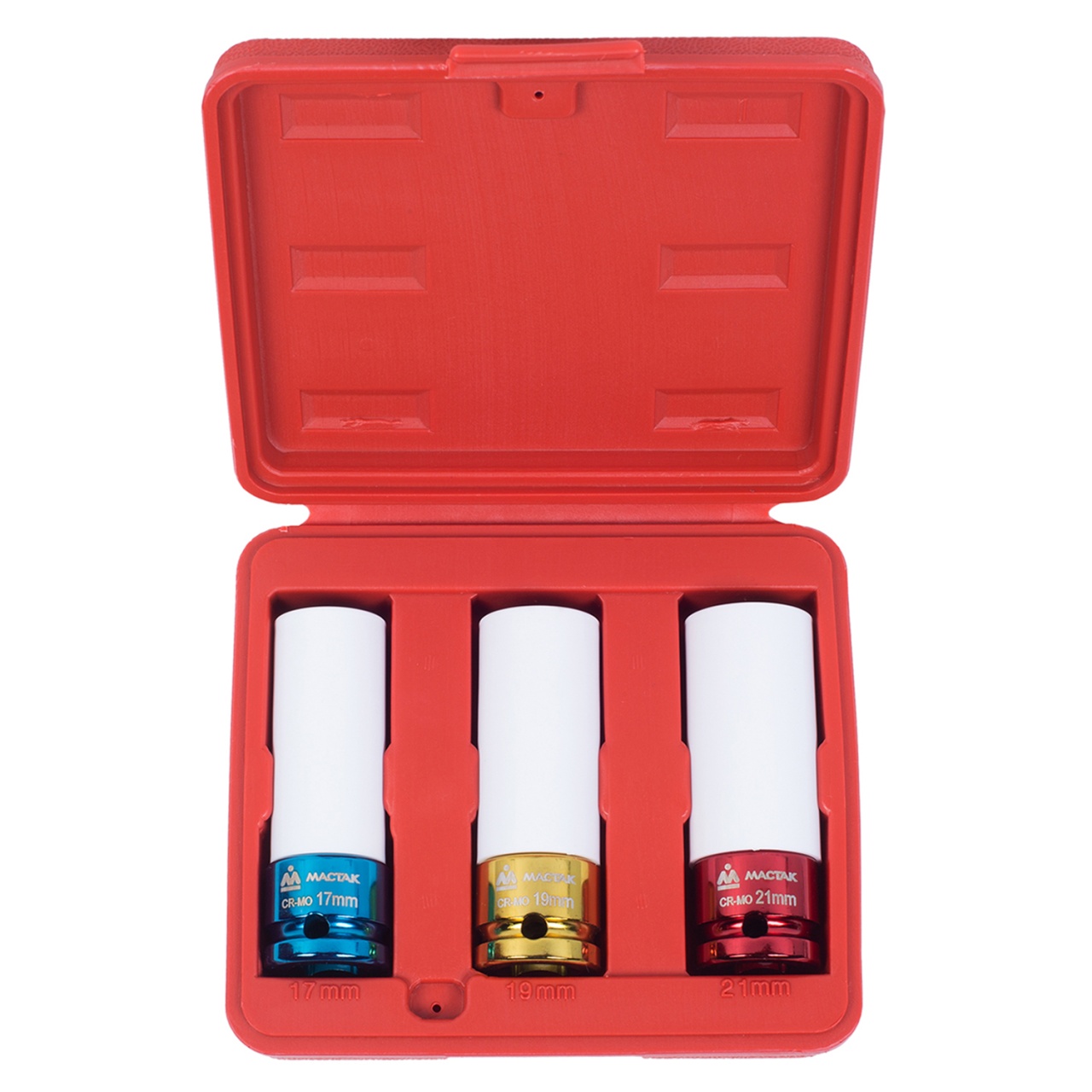 Набор ударных глубоких шестигранных головок 1/2", 17, 19, 21 мм, пластиковое покрытие, кейс, МАСТАК 006-43C