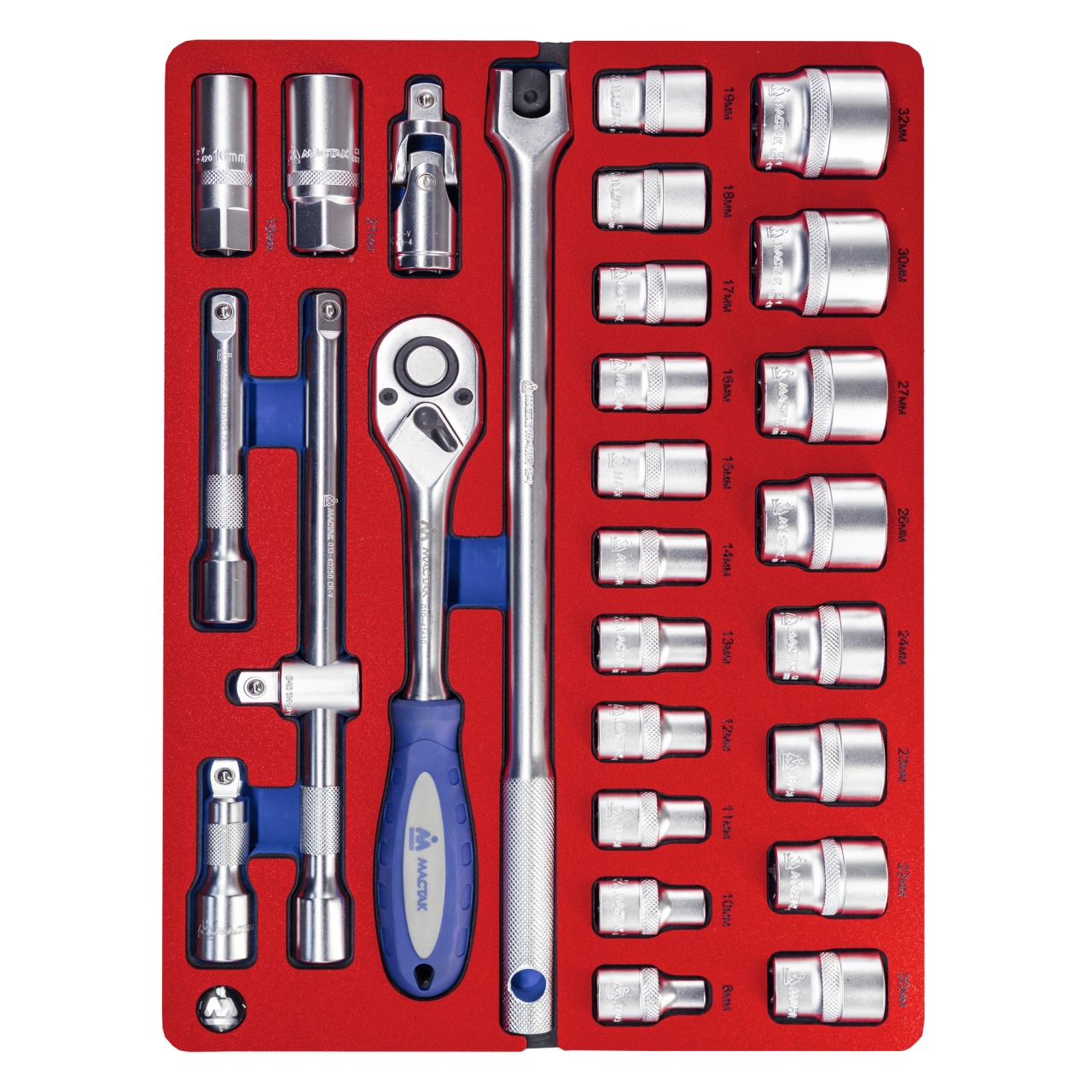 Набор торцевых головок 1/2" с принадлежностями, двенадцатигранные, ложемент, 28 предметов МАСТАК 5-004228