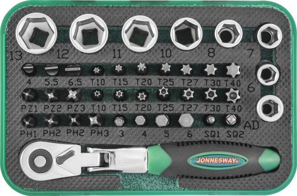 RD02040S Набор рукоятка трещоточная миниатюрная 1/4"DR со вставками-битами и головками торцевыми , 40 предметов, код товара: 49305, артикул: RD02040S