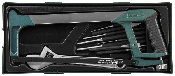 M645114SP Набор инструмента ножовка, разводной ключ, зубила и выколотки в ложементе, 14 предметов, код товара: 48565, артикул: M645114SP