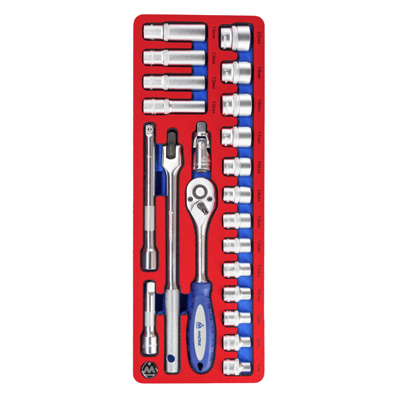 Набор торцевых головок 3/8” с принадлежностями, ложемент, 22 предмета МАСТАК 5-003222