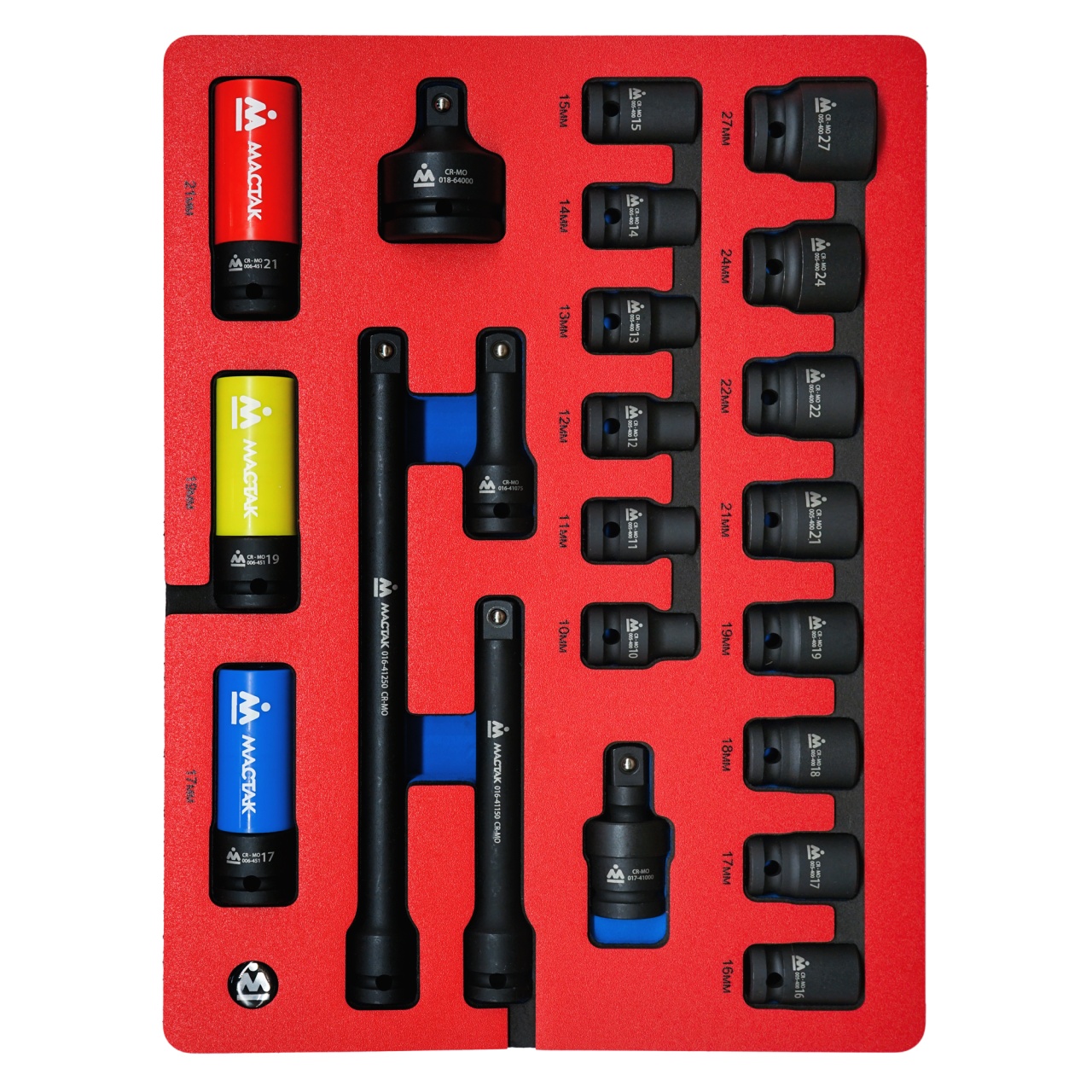 Набор ударных торцевых головок 1/2", шестигранные, 10-27 мм, ложемент, 22 предмета МАСТАК 5-054022