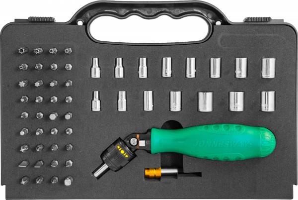 DR0253S Рукоятка отверточная трещоточная с гибкой головкой в наборе с битами и головками, 53 предмета, код товара: 48821, артикул: DR0253S