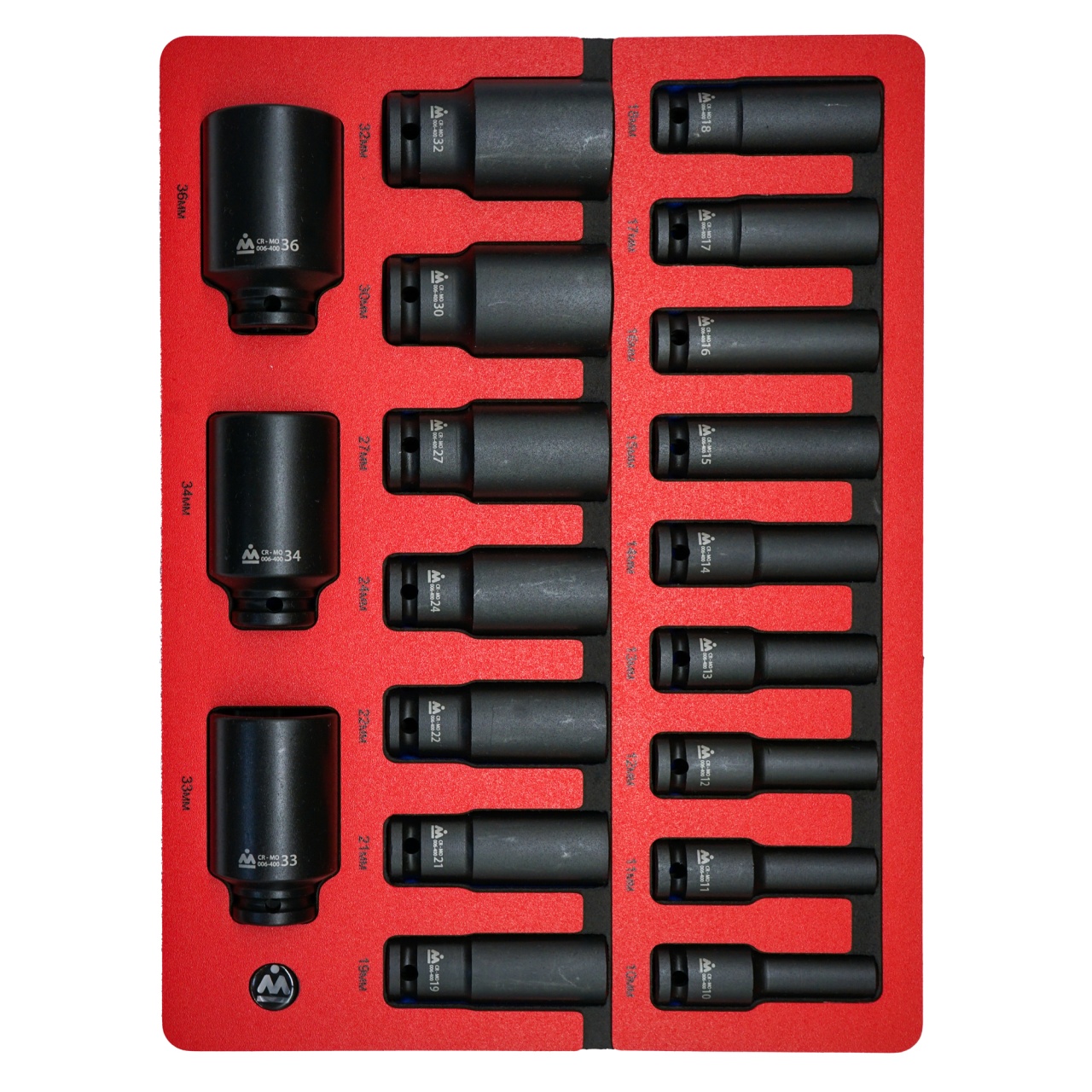 Набор ударных глубоких торцевых головок 1/2", шестигранные, 10-36 мм, ложемент, 19 предметов МАСТАК 5-064019